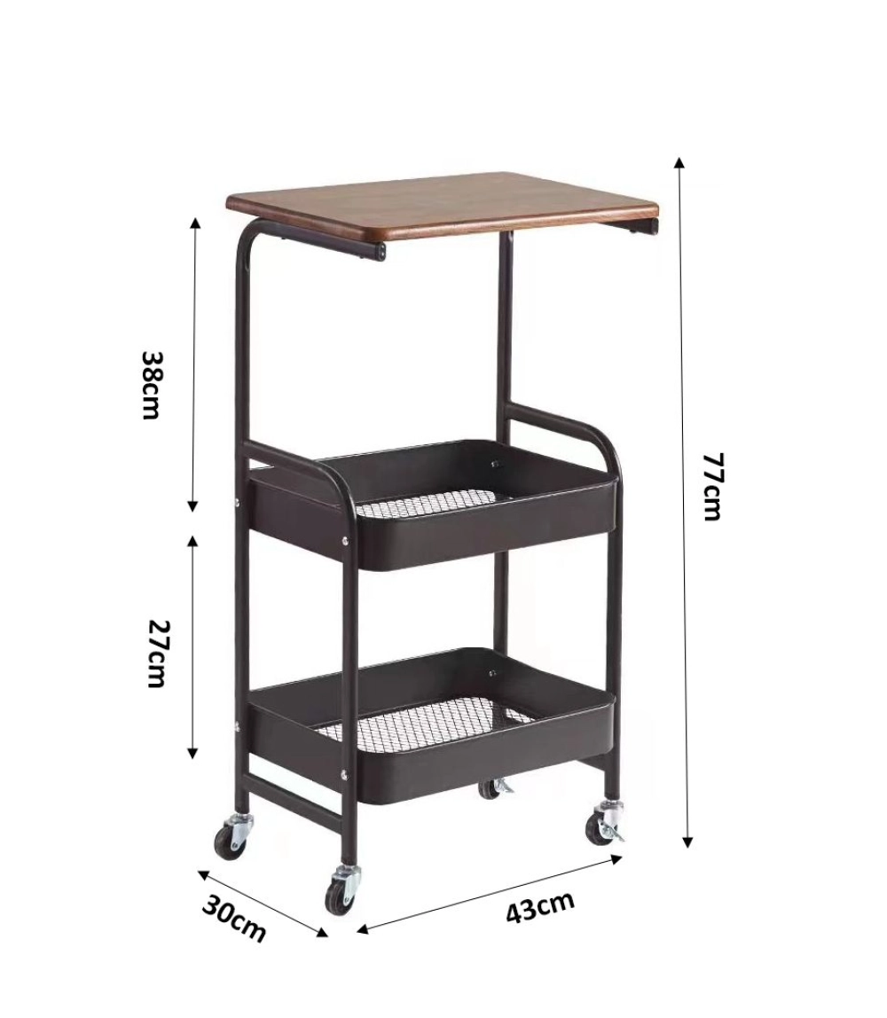 3-Tier Rolling Storage Trolley with Wooden Top