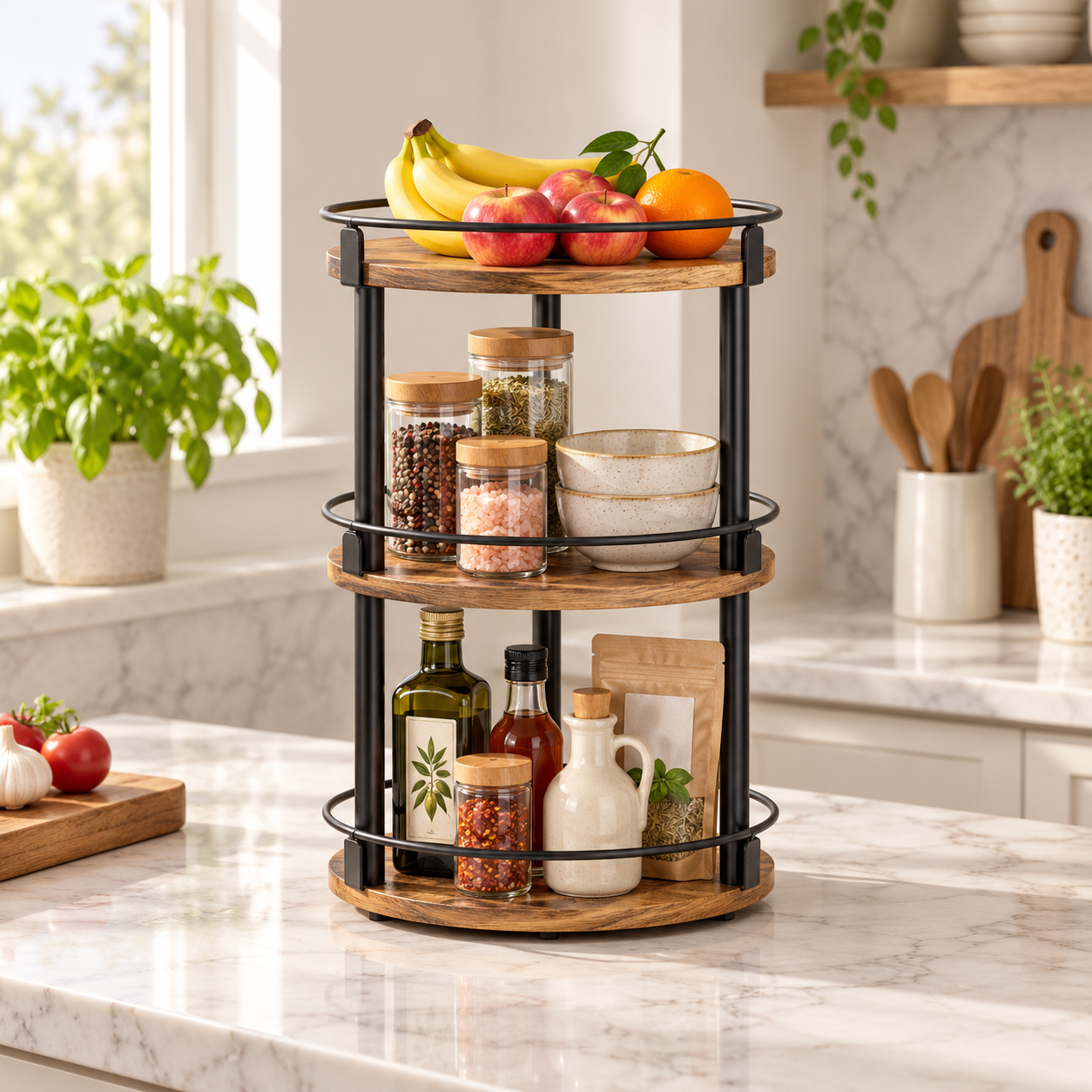 3-Tier 360° Rotating Wood-Grain Spice Rack Organizer