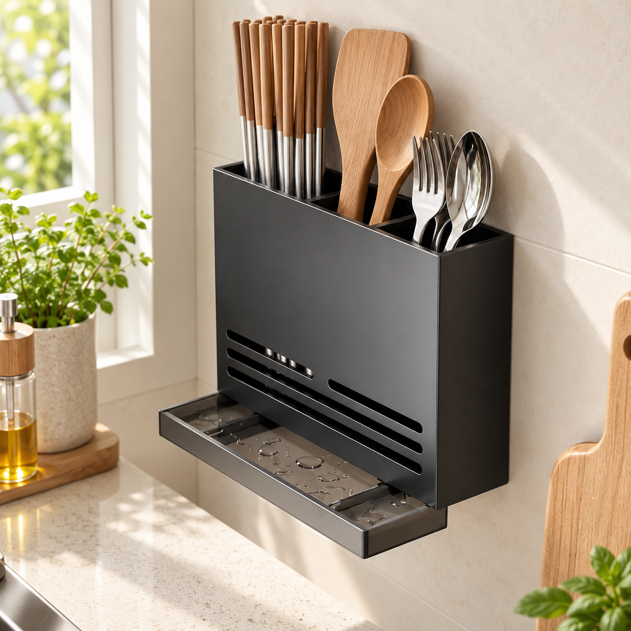 Wall-Mounted Kitchen Utensil Organizer with Drainage Tray