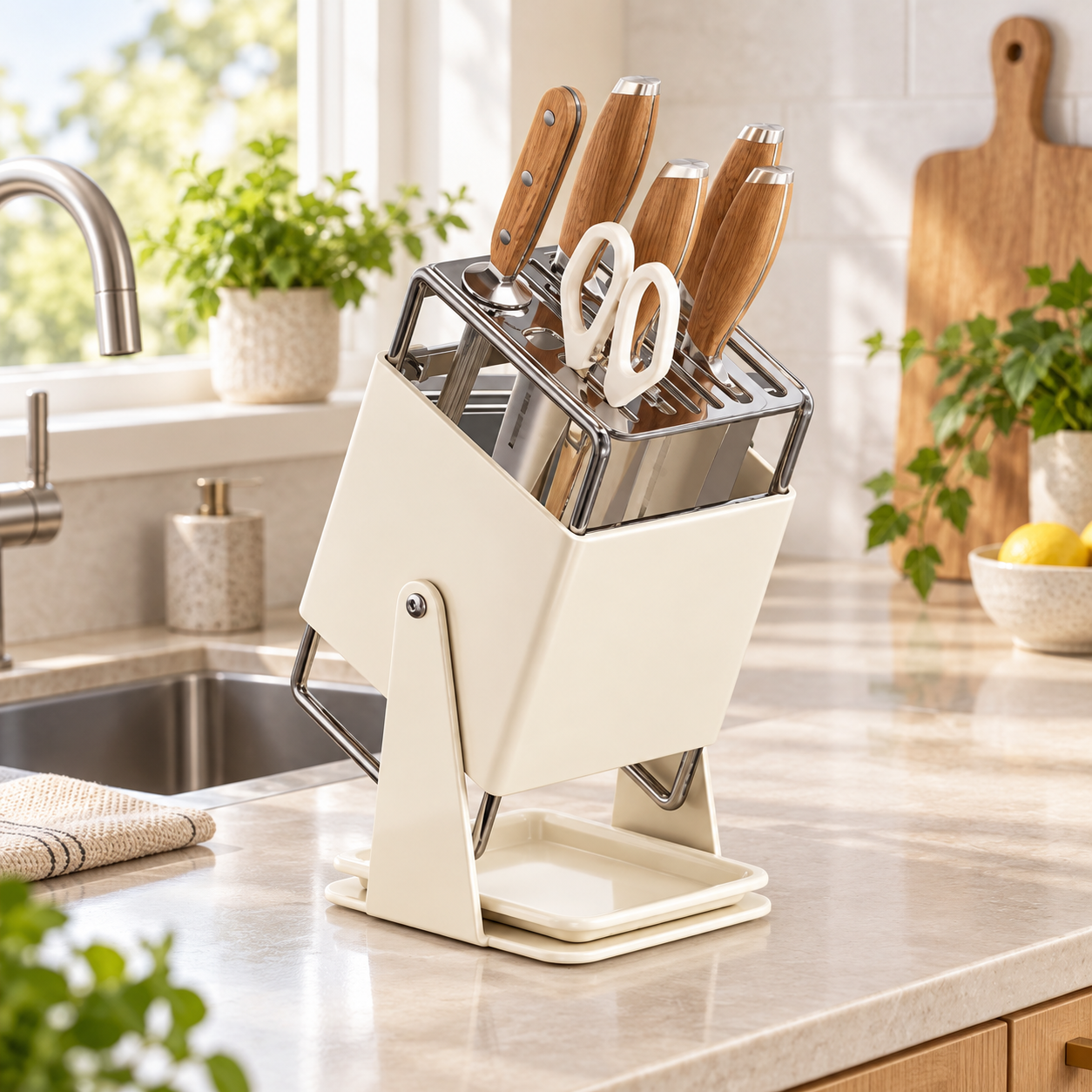 30° Rotating Knife & Cutlery Organizer with Drainage Tray