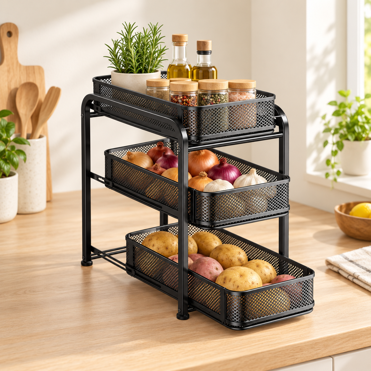 3-Tier Sliding Mesh Storage Rack