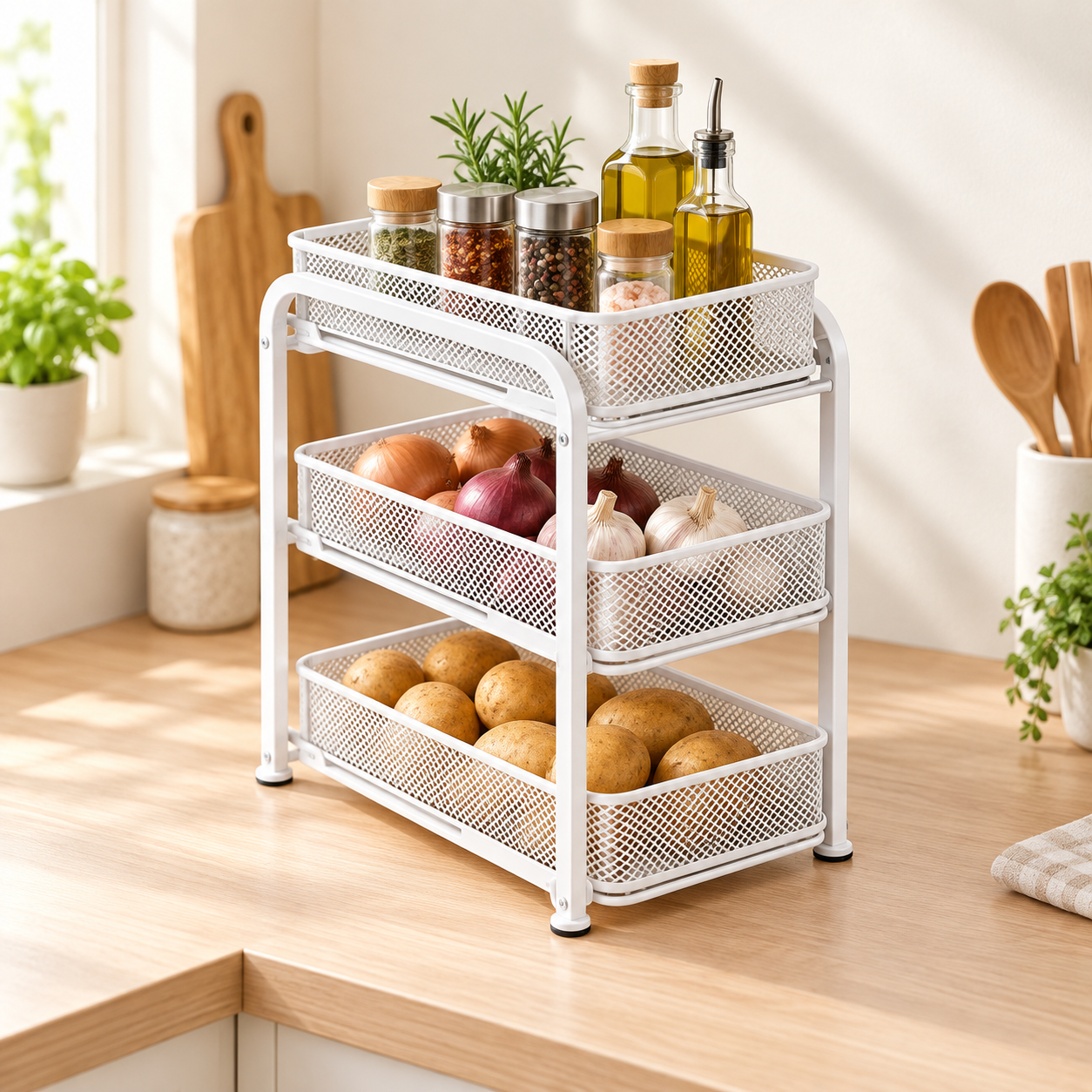 3-Tier Sliding Mesh Storage Rack