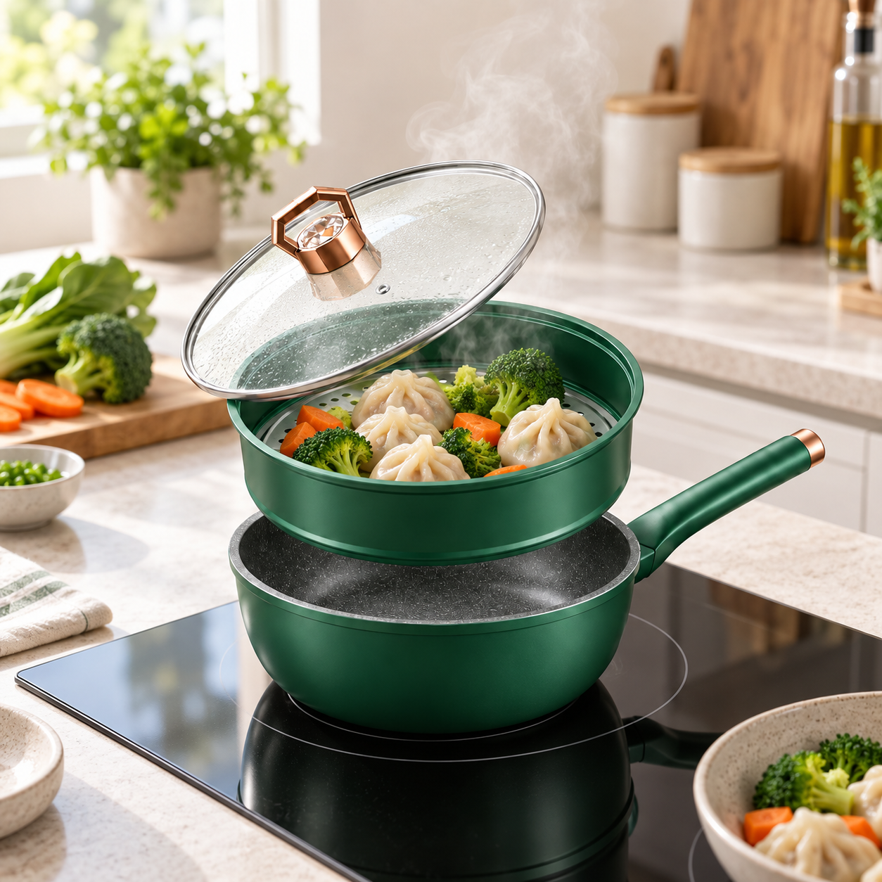 Non-Stick Frying Pot with Steamer Tray & Glass Lid
